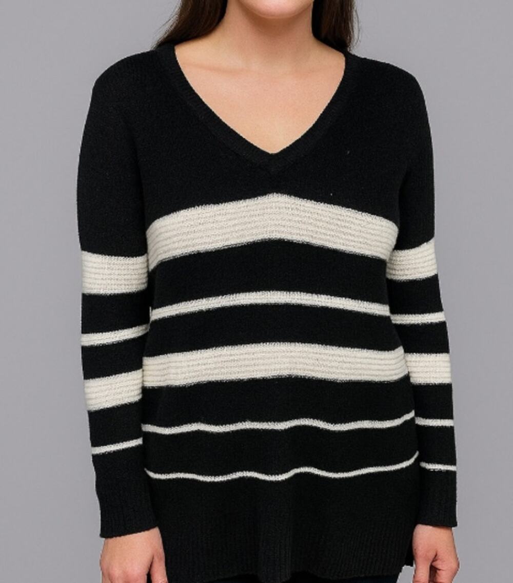 Calvin Klein Womens Medium V Neck Sweater Black White Stripe